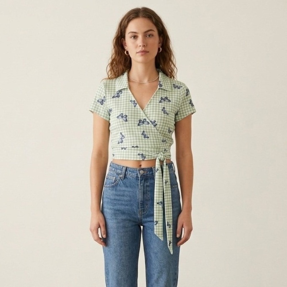 No Comment NY-LA Crop Top Womens Size XL Front Tie Butterfly Pattern Stretch NWT